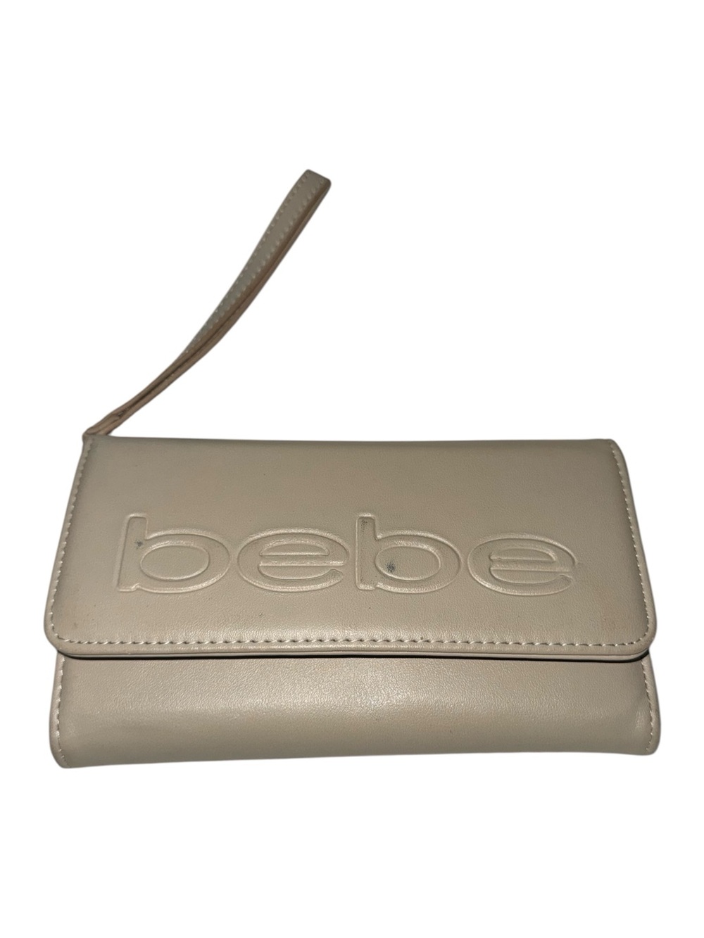 bebe Embossed Logo Cream Wristlet Clutch